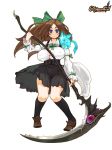  black_legwear blue_eyes breasts brown_footwear brown_hair bursting_breasts button_gap corset covered_nipples creature creature_on_shoulder cross-laced_clothes curvy empty_eyes end_breaker! expressionless floating_hair full_body hair_ribbon high-waist_skirt holding holding_scythe holding_weapon huge_breasts kneehighs logo long_hair long_sleeves looking_at_viewer narrow_waist official_art ribbon ryoji_(nomura_ryouji) scythe simple_background skirt solo source_request standing two-handed underbust weapon white_background 