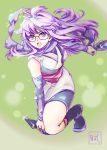  1girl bare_shoulders black_footwear breasts commentary_request detached_sleeves full_body gintama glasses green_background japanese_clothes kunai long_hair mole mole_under_eye ninja open_mouth purple_hair purple_scarf red-framed_eyewear sarutobi_ayame scarf solo weapon 