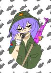  absurdres adidas bandaged_hands bandages bandaid bangs black_sclera breast_pocket buttons charm_(object) clenched_teeth clothes_writing collared_shirt cropped_torso explosive fish flat_color green_helmet green_shirt grenade gun hair_between_eyes hand_up helmet highres holding holding_grenade lavender_hair long_hair looking_at_viewer meme_tuoi_tu_rung_pac_bo military military_uniform mouth_hold pac_bo-chan partially_translated pocket product_placement rifle shirt short_sleeves solo star strap teeth translation_request uniform upper_body viet_cong vietnamese_clothes weapon weapon_on_back white_background white_eyes 