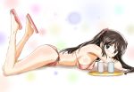  bikini black_eyes black_hair breasts commentary_request cup full_body kinfuji looking_at_viewer lying md5_mismatch medium_breasts on_stomach original pink_bikini sandals side-tie_bikini smile solo swimsuit tray twintails white_background yunomi 