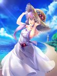  :d bangs bare_arms bare_shoulders beach blue_sky blush bug_(artist) collarbone day dress hair_between_eyes hands_on_headwear hat highres lens_flare lighthouse long_hair looking_at_viewer ocean open_mouth outdoors purple_eyes purple_hair see-through sky smile solo straw_hat sun_hat vocaloid voiceroid water white_dress yuzuki_yukari 