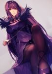  bangs breasts cleavage commentary_request covered_navel detached_collar dress fate/grand_order fate_(series) fur_trim highres jewelry knee_up kyouya_(mukuro238) large_breasts long_hair looking_at_viewer open_mouth pantyhose pendant purple_dress purple_hair red_eyes scathach_(fate)_(all) scathach_skadi_(fate/grand_order) silver_trim simple_background sitting solo tiara wand 