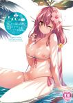  bikini breasts commentary_request cover cover_page doujin_cover flower granblue_fantasy hair_flower hair_ornament long_hair looking_at_viewer low_twintails medium_breasts mizuno_(suisuiw) nipples one_eye_closed pink_hair side-tie_bikini sitting solo swimsuit twintails water wet yellow_eyes yggdrasil_(granblue_fantasy) 