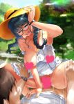  1girl arm_support blue_hair bottomless braid breasts brown_hair censored cleavage collarbone comic_hotmilk dress girl_on_top glasses green_eyes half-closed_eyes hat heart heart_censor heart_necklace hetero jewelry jorori large_breasts long_hair mole mole_under_mouth motion_lines necklace nipple_censor no_panties one_breast_out open_mouth original outdoors pubic_stubble see-through sex spread_legs straddling straw_hat sundress twin_braids watch wristwatch 