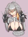  bangs belt between_breasts bikini_top black_bikini_top black_gloves black_hair breasts breasts_outside closed_mouth collared_shirt commentary cropped_torso double_v fingerless_gloves forced_smile gloves green_eyes grey_hair grey_shirt hair_between_eyes hands_up hanging_breasts highres kemono_friends koeru large_breasts long_hair long_sleeves looking_at_viewer low_ponytail multicolored_hair necktie necktie_between_breasts open_clothes open_shirt orange_hair purple_background shiny shiny_hair shirt shoebill_(kemono_friends) short_over_long_sleeves short_sleeves side_ponytail simple_background smile solo upper_body v white_neckwear 