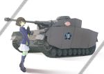  akiyama_yukari anglerfish bangs black_footwear black_gloves black_legwear blue_jacket boots brown_eyes brown_hair caterpillar_tracks closed_mouth commentary emblem from_side girls_und_panzer gloves ground_vehicle highres jacket kneehighs long_sleeves looking_at_viewer messy_hair military military_uniform military_vehicle miniskirt motor_vehicle nito_(nshtntr) ooarai_(emblem) ooarai_military_uniform panzerkampfwagen_iv pleated_skirt shadow short_hair simple_background skirt smile solo standing tank tank_shell uniform white_background white_skirt zipper 