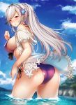  adapted_costume ass azur_lane bangs bare_shoulders beach bikini blue_sky blush breasts choker cleavage commentary_request day dunkerque_(azur_lane) eyebrows_visible_through_hair from_behind grey_hair hair_ornament hairband highres large_breasts long_hair looking_at_viewer ocean off-shoulder_shirt outdoors pink_eyes ponytail purple_bikini see-through shirt side-tie_bikini sidelocks sky solo standing sunlight swept_bangs swimsuit thighs tobimura tree wading water 
