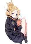  :o abigail_williams_(fate/grand_order) bangs black_bow black_jacket blonde_hair blue_eyes blush bow commentary crossed_bandaids fate/grand_order fate_(series) hair_bow hair_bun heroic_spirit_traveling_outfit highres holding holding_stuffed_animal jacket long_hair long_sleeves looking_at_viewer looking_back orange_bow parted_bangs parted_lips polka_dot polka_dot_bow red_footwear shoe_soles shoes sitting sleeves_past_wrists solo sparkle stuffed_animal stuffed_toy teddy_bear white_background yutsuki_(pixiv4894196) 
