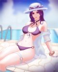  alternate_costume alternate_hair_color bangle bikini blurry blurry_background bracelet caitlyn_(league_of_legends) closed_mouth criss-cross_halter eyewear_on_head halterneck hat highres jewelry league_of_legends lips long_hair looking_at_viewer mcdobo nail_polish o-ring o-ring_bikini off_shoulder open_clothes open_shirt pool_party_caitlyn purple_eyes purple_hair purple_nails signature solo sun_hat sunglasses swimsuit thigh_strap 