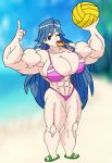  abs absurdres bad_feet bad_proportions ball beach beachball bikini blue_eyes blue_hair breasts corndog day flip-flops game_of_dice highres huge_breasts long_hair lucy_(game_of_dice) muscle muscular_female nicki1996 one_eye_closed sandals solo swimsuit thick_thighs thighs 
