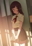  bad_id bad_twitter_id black_skirt blush brown_eyes brown_hair commentary_request cowboy_shot domo1220 hands_together indoors long_hair original red_neckwear school_uniform sideways_glance skirt sliding_doors solo standing 