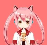  blush brown_eyes character_request closed_mouth eyebrows_visible_through_hair food ice_cream linda_b long_hair looking_at_viewer original pink_background pink_hair short_sleeves simple_background solo tongue tongue_out twintails upper_body 