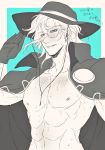  abs blush edmond_dantes_(fate/grand_order) fangs fate/grand_order fate_(series) glasses hat highres looking_at_viewer male_focus monte_cristo_selection naked_coat parted_lips round_eyewear salute scar solo sugano_(suganomax) sweat upper_body 