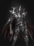  armor black_background cape clenched_hand commentary gauntlets greaves highres no_humans original red_cape rinmmo shoulder_armor simple_background solo standing sword weapon 