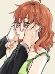  ahoge amezawa_koma araki_hina bare_shoulders blush brown_eyes brown_hair camisole collarbone commentary_request eyebrows_visible_through_hair formal glasses idolmaster idolmaster_cinderella_girls messy_hair out_of_frame parted_lips removing_eyewear semi-rimless_eyewear short_hair simple_background solo_focus strap_slip sweatdrop under-rim_eyewear upper_body 