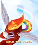  2018 absurd_res blue_feathers chapaevv clothed clothing cloud costume crossover english_text equine eyelashes feathered_wings feathers female feral flying friendship_is_magic hair hi_res hooves mammal multicolored_hair my_little_pony outside pegasus portrait purple_eyes rainbow rainbow_dash_(mlp) rainbow_hair skinsuit sky smile solo spread_wings text the_flash tight_clothing wings 