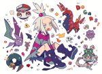  1girl amoonguss artist_name auko bat bike_shorts black_eyes black_footwear boots bra_strap commentary_request crobat fangs freckles full_body garbodor gen_1_pokemon gen_2_pokemon gen_3_pokemon gen_5_pokemon green_eyes hair_bobbles hair_ornament homika_(pokemon) knees_up koffing long_sleeves multicolored_shirt off_shoulder open_mouth oversized_clothes oversized_shirt poke_ball_symbol pokemon pokemon_(creature) pokemon_(game) pokemon_bw2 red_eyes red_sclera scolipede seviper shirt short_hair signature simple_background sitting skull_and_crossbones sleeves_past_fingers sleeves_past_wrists snake star striped striped_shirt teeth white_background white_hair yellow_sclera 
