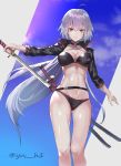  absurdres ahoge bikini black_bikini black_jacket black_neckwear choker commentary_request cropped_jacket cropped_legs drawing fate/grand_order fate_(series) grey_hair highres jacket jeanne_d'arc_(alter_swimsuit_berserker) jeanne_d'arc_(fate)_(all) long_hair looking_at_viewer navel o-ring reverse_grip scabbard sheath shrug_(clothing) solo swimsuit sword twitter_username weapon yellow_eyes yu-hi 