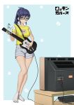  absurdres black-framed_eyewear blue_background blue_eyes blue_hair full_body goodotaku grey_shorts guitar guitar_hero highres instrument looking_at_viewer medium_hair shirt shorts smile socks solo standing t-shirt television white_legwear yellow_shirt 