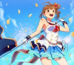  blue_skirt blush bow brown_hair collarbone confetti cowboy_shot day drill_hair eyebrows_visible_through_hair fireworks flag gloves hair_bow holding holding_flag idolmaster idolmaster_million_live! idolmaster_million_live!_theater_days kamille_(vcx68) looking_away open_mouth outdoors purple_eyes red_bow short_hair side_drill skirt smile solo teeth white_gloves yokoyama_nao 