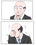  balding blue_neckwear comic covering_eyes cyberdemon_no3 highres male_focus necktie original silent_comic simple_background tears trembling white_background 
