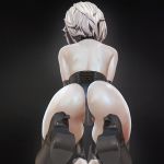  3d ass back bare_shoulders black_gloves black_legwear black_leotard boots corset gloves high_heel_boots high_heels highleg highleg_leotard highres latex latex_boots latex_gloves latex_leotard leotard leslyzerosix nier_(series) nier_automata short_hair solo thighhighs white_hair yorha_no._2_type_b 