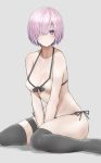  be9459 between_legs bikini black-framed_eyewear black_legwear breasts cleavage closed_mouth collarbone commentary_request fate/grand_order fate_(series) grey_background hair_over_one_eye hand_between_legs highres large_breasts lavender_hair looking_at_viewer mash_kyrielight purple_eyes purple_hair short_hair side-tie_bikini solo swimsuit thigh_strap thighhighs 