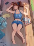  ahoge arm_up armpits bangs bare_arms bare_legs barefoot belly_peek blue_scrunchie blue_shorts blue_tank_top blush book bra_strap breasts brown_hair cable cellphone cleavage collarbone cup day drawstring drill_hair drinking_glass electric_fan eyebrows_visible_through_hair feet fork from_above full_body grass gym_shorts hair_ornament hair_scrunchie hand_up head_tilt hips hot idolmaster idolmaster_million_live! kamille_(vcx68) knees_together_feet_apart large_breasts legs long_hair looking_at_viewer midriff motion_blur navel open_book open_door open_mouth outdoors phone plate porch purple_eyes raised_eyebrows scrunchie shade shirt short_hair shorts side_drill side_slit sidelocks sliding_doors smartphone solo stairs striped striped_shirt striped_tank_top summer sweat tank_top_lift taut_clothes teeth thick_thighs thighs tray wooden_floor yokoyama_nao 