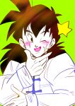  ;d black_eyes black_hair blush chinese_clothes close-up dragon_ball dragon_ball_z gradient green green_background hand_on_own_chin happy highres long_hair long_sleeves looking_away male_focus one_eye_closed open_mouth scar shirt simple_background smile solo star tetsuyo upper_body white_shirt yamcha yellow 