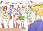  5boys ;d agravain_(fate/grand_order) arms_up artoria_pendragon_(all) artoria_pendragon_(lancer) bare_chest bedivere bikini_briefs black_hair blonde_hair cocktail_glass commentary cup drinking_glass fate/grand_order fate_(series) gawain_(fate/extra) grand_dobu hand_behind_head knights_of_the_round_table_(fate) lancelot_(fate/grand_order) male_underwear merry_christmas mordred_(fate) mordred_(fate)_(all) multiple_boys multiple_girls one_eye_closed open_mouth ornament purple_eyes purple_hair red_hair simple_background sketch smile standing standing_on_one_leg star thumbs_up tinsel tristan_(fate/grand_order) unamused underwear white_background 