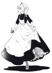  apron boots braid brush dress frills goshi-san greyscale highres holding long_dress maid maid_apron maid_cap monochrome original profile short_twintails sleeves_rolled_up solo standing standing_on_one_leg twin_braids twintails victorian_maid white_background 
