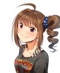  blush bra_strap breasts brown_hair closed_mouth collarbone drill_hair eyebrows_visible_through_hair idolmaster idolmaster_million_live! idolmaster_million_live!_theater_days jewelry kamille_(vcx68) large_breasts looking_at_viewer necklace purple_eyes scrunchie short_hair side_drill smile solo star star_necklace upper_body yokoyama_nao 
