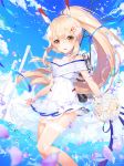  apple_caramel ayanami_(azur_lane) azur_lane bangs bare_shoulders blonde_hair blue_ribbon blue_sky bouquet brown_eyes cloud covered_navel day dress eyebrows_visible_through_hair flower hair_between_eyes headgear high_ponytail highres holding holding_bouquet horizon long_hair machinery md5_mismatch ocean outdoors parted_lips petals pillar pleated_dress ponytail ribbon rose see-through short_dress sky smile solo standing very_long_hair water white_dress white_flower white_rose 