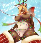  anthro antlers areola blep blonde_hair blue_eyes breasts candy candy_cane cervine christmas christmas_lights clothing female food hair hi_res holidays horn legwear low-angle_view mammal missaka mostly_nude navel nipples pussy reindeer smile solo tongue tongue_out 