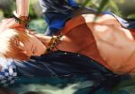  au_(d_elite) blonde_hair blue_shirt blurry chest depth_of_field establishment_(fate/grand_order) fate/grand_order fate_(series) gilgamesh gilgamesh_(caster)_(fate) looking_at_viewer lying male_focus nipples on_side parted_lips pectorals red_eyes shallow_water shirt solo upper_body wet 