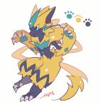  artist_name auko blue_eyes claw_pose claws from_side full_body furry hands_up no_humans paw_print poke_ball_symbol pokemon signature simple_background smile solo standing white_background zeraora 