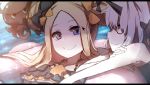  abigail_williams_(fate/grand_order) absurdres animal bad_id bad_twitter_id bags_under_eyes bangs bare_arms bare_shoulders bikini black_bikini black_bow blonde_hair blue_eyes bow closed_mouth collarbone day double_bun emerald_float eyebrows_visible_through_hair fate/grand_order fate_(series) hair_bow halter_top halterneck highres innertube lavinia_whateley_(fate/grand_order) long_hair multiple_girls octopus orange_bow outdoors parted_bangs pink_innertube profile red_eyes side_bun silver_hair smile swimsuit tokitarou_(fate/grand_order) wada_kazu water wavy_mouth wide-eyed 