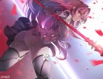  ass bodysuit breasts closed_mouth covered_navel cowboy_shot damda fate/grand_order fate_(series) gae_bolg gloves hair_intakes holding holding_spear holding_weapon impossible_bodysuit impossible_clothes large_breasts long_hair looking_at_viewer petals polearm purple purple_bodysuit purple_gloves purple_hair red_eyes scathach_(fate)_(all) scathach_(fate/grand_order) signature solo spear thighs weapon 