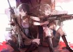  1girl assault_rifle ayatoki-1 black_hair blonde_hair blood braid commentary dirty fang gloves gun hairband highres holding holding_gun holding_weapon jewelry m16a4 one_eye_closed original rifle ring shotgun sitting twin_braids weapon weapon_request 