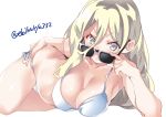  bikini blonde_hair blue_eyes blush breasts closed_mouth commentary_request ebifurya eyebrows_visible_through_hair hair_between_eyes kantai_collection large_breasts long_hair looking_at_viewer lying mole mole_under_eye mole_under_mouth richelieu_(kantai_collection) simple_background solo sunglasses swimsuit twitter_username white_background white_bikini 