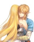  1girl artist_name bangs bare_shoulders blonde_hair blue_tunic closed_eyes closed_mouth dress earrings eorinamo fingerless_gloves from_behind gloves hair_between_eyes highres holding_another hug jewelry link long_hair long_sleeves pointy_ears princess_zelda standing strapless the_legend_of_zelda very_long_hair white_dress 