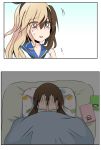  brown_hair comic cosplay covering_face cyberdemon_no3 eyebrows_visible_through_hair eyes_visible_through_hair futon highres kantai_collection long_sleeves lying night no_pupils on_back original shimakaze_(kantai_collection) shimakaze_(kantai_collection)_(cosplay) under_covers wig 