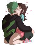  1boy 1girl brown_hair d.va_(overwatch) full_body genji_(overwatch) girl_on_top green_hair heart hood hoodie kiss overwatch pachastuff simple_background socks white_background younger 