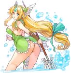  ass blonde_hair blue_eyes breasts dress forehead_jewel green_dress green_ribbon hair_ribbon helmet highres holding holding_weapon large_breasts long_hair low-tied_long_hair panties polearm ribbon riesz sachito seiken_densetsu seiken_densetsu_3 short_dress simple_background solo splashing standing strapless strapless_dress underwear very_long_hair wading water weapon white_background winged_helmet 