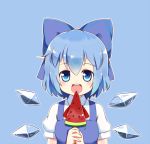  blue_background blue_bow blue_eyes blue_hair blush bow cirno eyebrows_visible_through_hair food hair_bow ice ice_wings linda_b looking_at_viewer open_mouth popsicle short_hair short_sleeves simple_background smile solo touhou watermelon_bar wings 