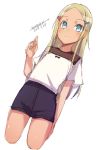  bangs black_shorts blonde_hair blue_eyes blush closed_mouth cropped_legs dark_skin dated dutch_angle forehead hair_ornament hairclip hand_up long_hair looking_at_viewer maze_(gochama_ze_gohan) original parted_bangs shirt short_shorts short_sleeves shorts signature simple_background sketch solo standing very_long_hair white_background white_shirt wide_sleeves 
