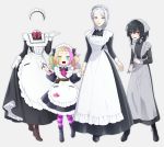  apron bags_under_eyes belt black_hair blonde_hair dress fangs gloves goshi-san green_eyes green_hair grey_background hammer head_scarf heterochromia highres invisible long_dress maid maid_apron maid_cap maid_headdress multicolored_hair multiple_girls original pink_hair red_eyes silver_eyes silver_hair striped striped_legwear wrench yellow_eyes 