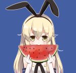  blonde_hair blue_background blush eating elbow_gloves eyebrows_visible_through_hair food fruit gloves hairband holding holding_food kantai_collection linda_b long_hair looking_at_viewer parted_lips shimakaze_(kantai_collection) simple_background smile solo watermelon white_gloves yellow_eyes 