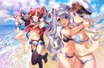  american_flag_bikini azur_lane bare_legs bare_shoulders beach bikini blue_eyes cloud commentary detached_sleeves elbow_gloves enterprise_(azur_lane) flag_print gloves hat highres hug itou_ben looking_at_viewer military_hat multiple_girls navel no_panties nurse_cap one_eye_closed pink_hair red_hair san_diego_(azur_lane) saratoga_(azur_lane) silver_hair sky swimsuit thighhighs twintails v vestal_(azur_lane) 