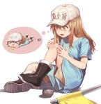  &gt;_&lt; artist_name baseball_cap boots chibi chibi_inset commentary flag hat hataraku_saibou highres injury irony light_brown_hair long_hair notice_lines open_mouth platelet_(hataraku_saibou) scraped_knee shirt shorts signature simple_background siren_(artist) sitting solo t-shirt tears thought_bubble tripping white_background yellow_eyes 